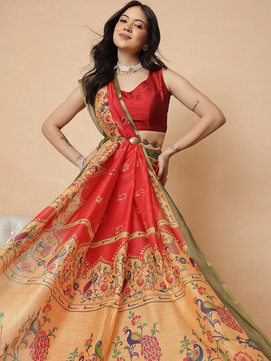 Digital Printed Paithani Design Chanderi Cotton Ready to Wear Saree