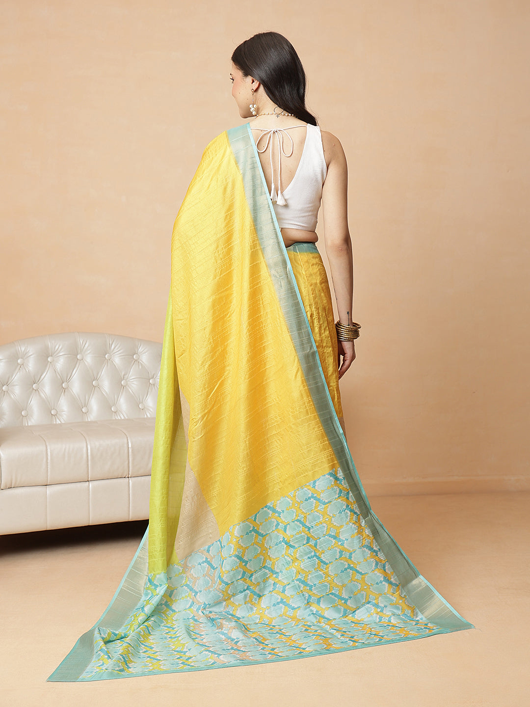 Color Blocked Small Zari Border Digital Printed Tussar Silk Ready to Wear Saree