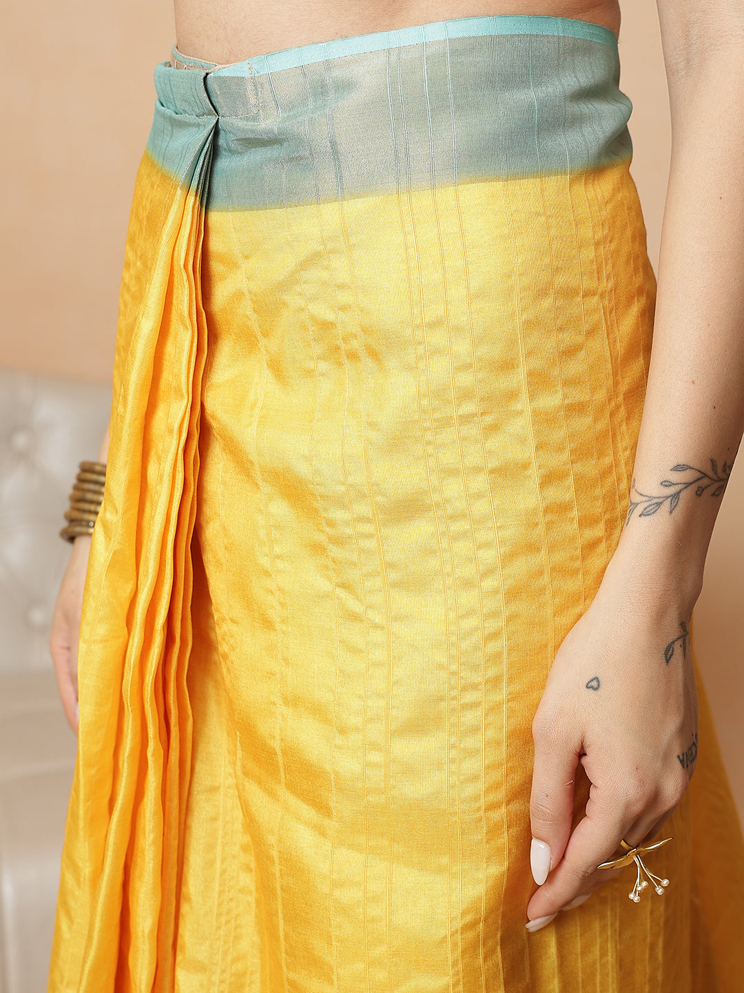 Color Blocked Small Zari Border Digital Printed Tussar Silk Ready to Wear Saree