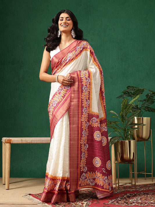 Floral Printed Kotha Silk Ready to Wear Saree With Zari Border