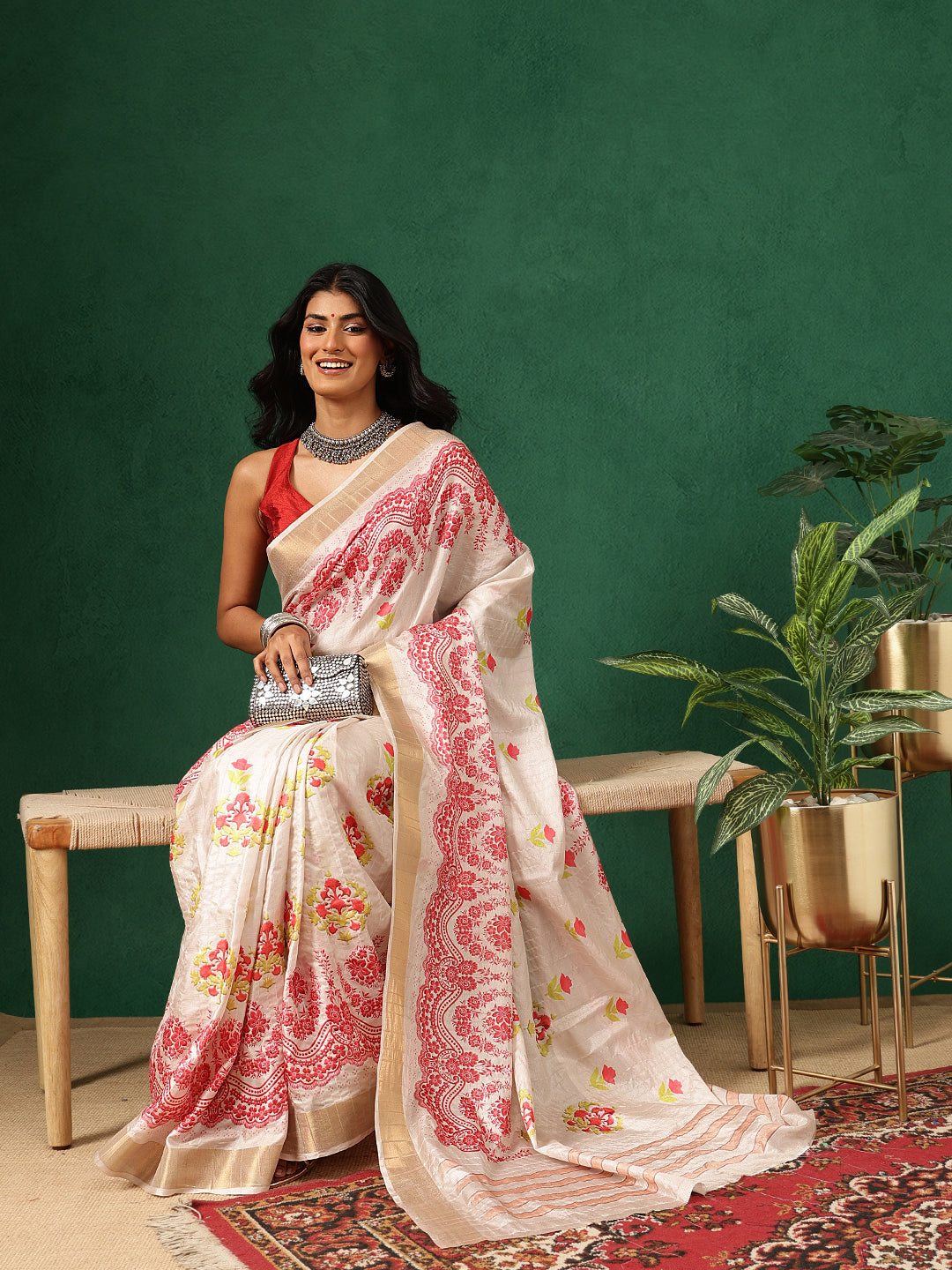 Floral Printed Kotha Silk Ready to Wear Saree With Zari Border