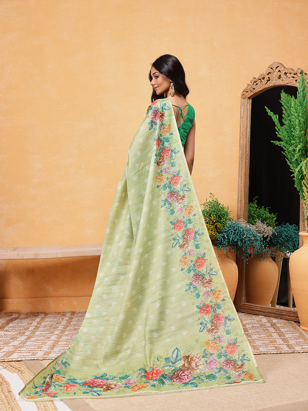 Women's Cotton Blend Floral Print Ready To Wear Saree