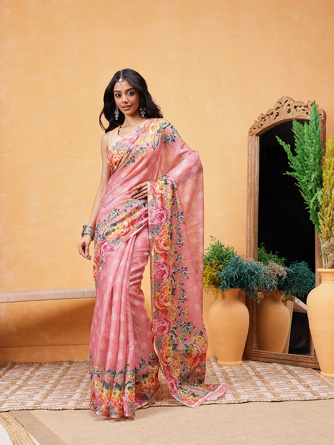 Women's Cotton Blend Floral Print Ready To Wear Saree