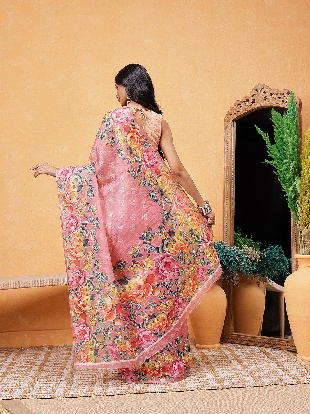 Women's Cotton Blend Floral Print Ready To Wear Saree