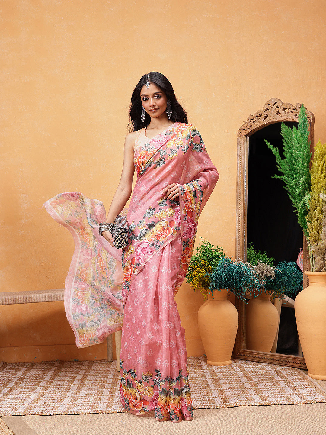 Women's Cotton Blend Floral Print Ready To Wear Saree