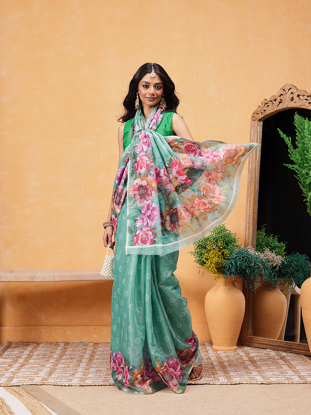 Women's Cotton Blend Floral Print Ready To Wear Saree