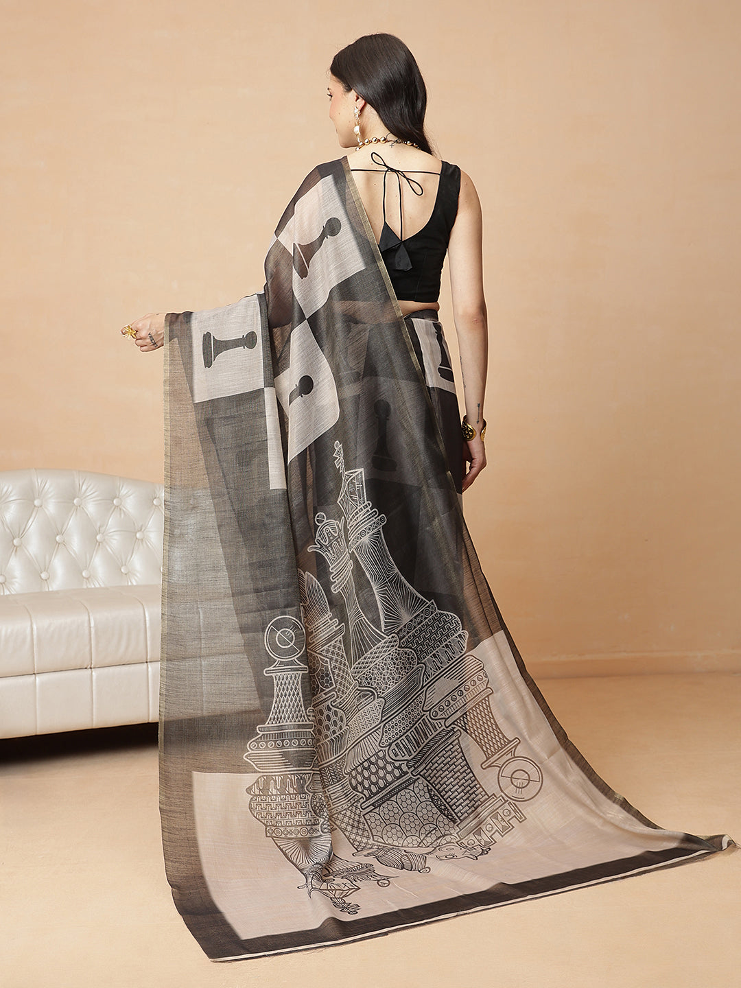 Chess Inspired Digital Printed Cotton Tissue Ready to Wear Saree