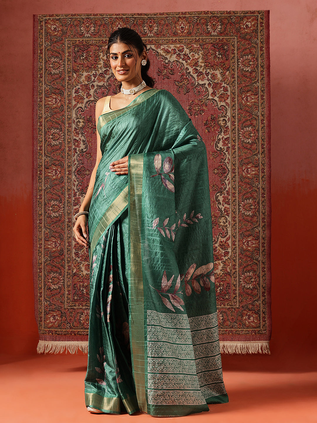 Floral Printed Kotha Silk Ready to Wear Saree With Zari Border