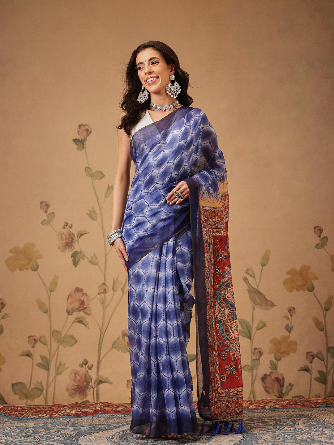 Indigo Prints With Kalamkari Pallu Ready to Wear Saree