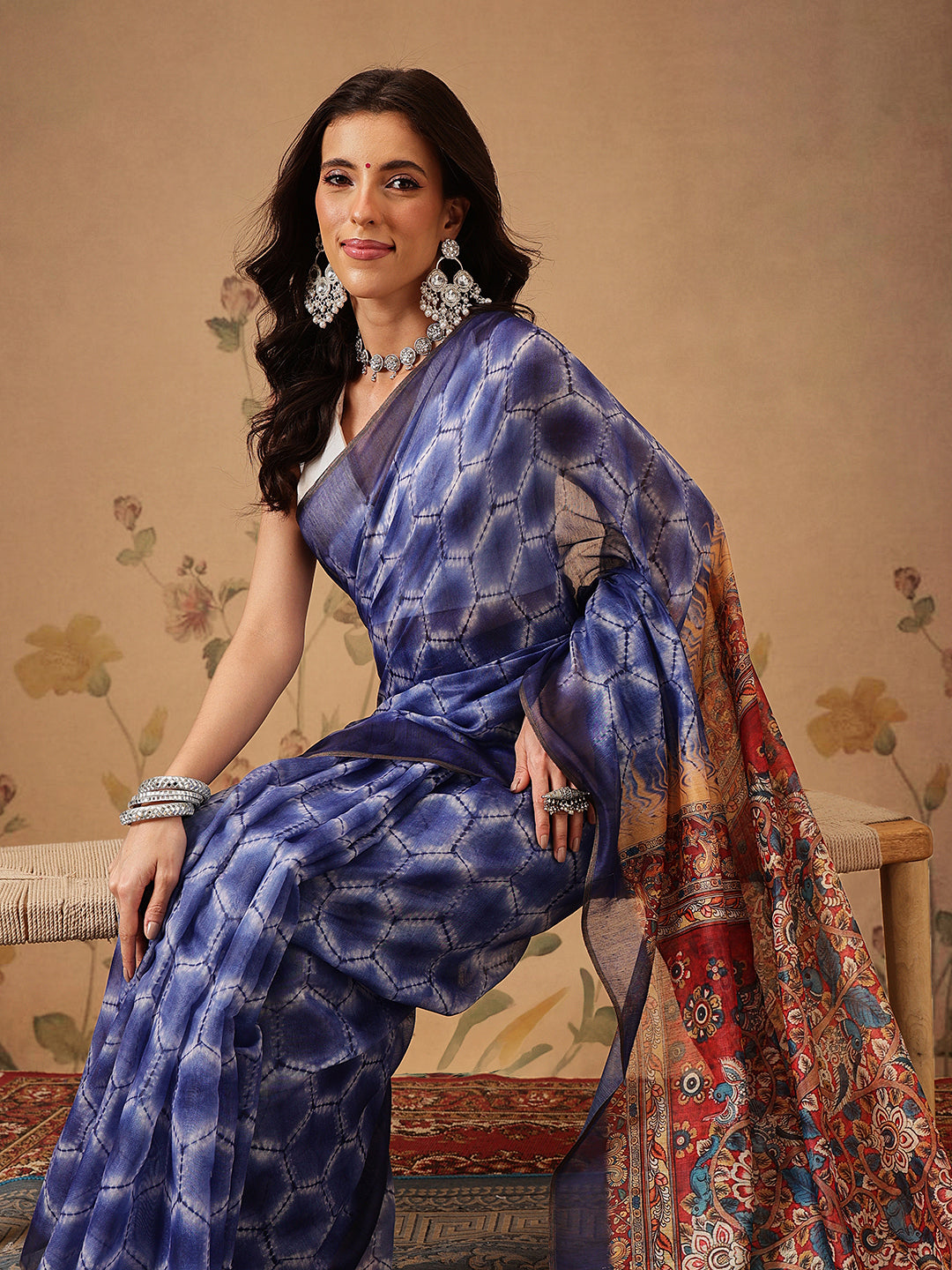 Indigo Prints With Kalamkari Pallu Ready to Wear Saree