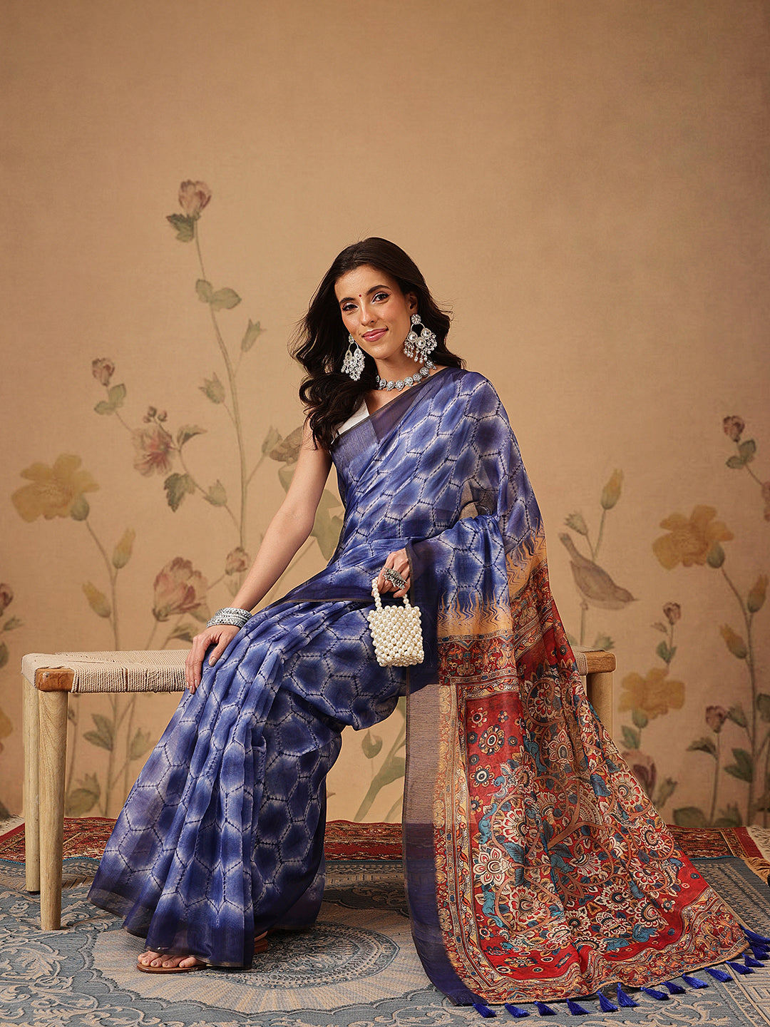 Indigo Prints With Kalamkari Pallu Ready to Wear Saree