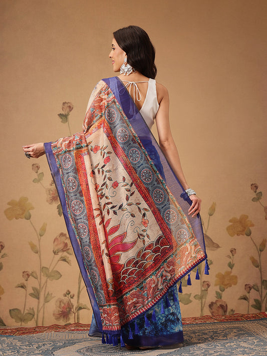 Indigo Prints With Kalamkari Pallu Ready to Wear Saree