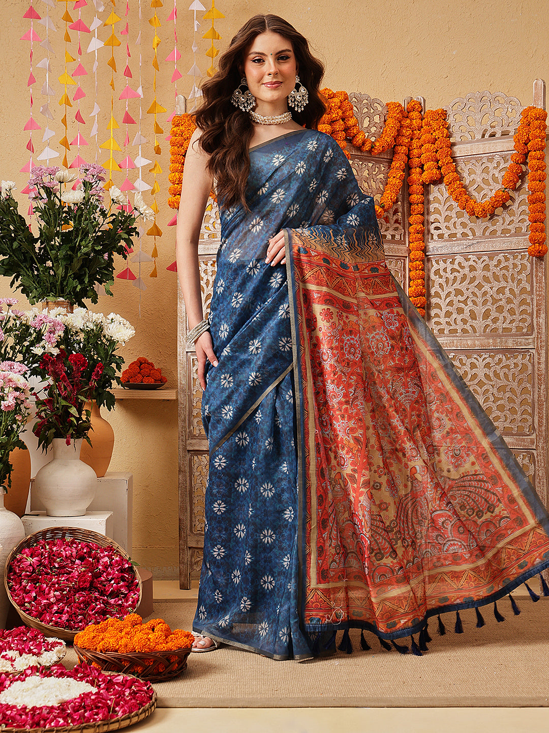 Indigo Printed Chanderi Ready to wear Saree