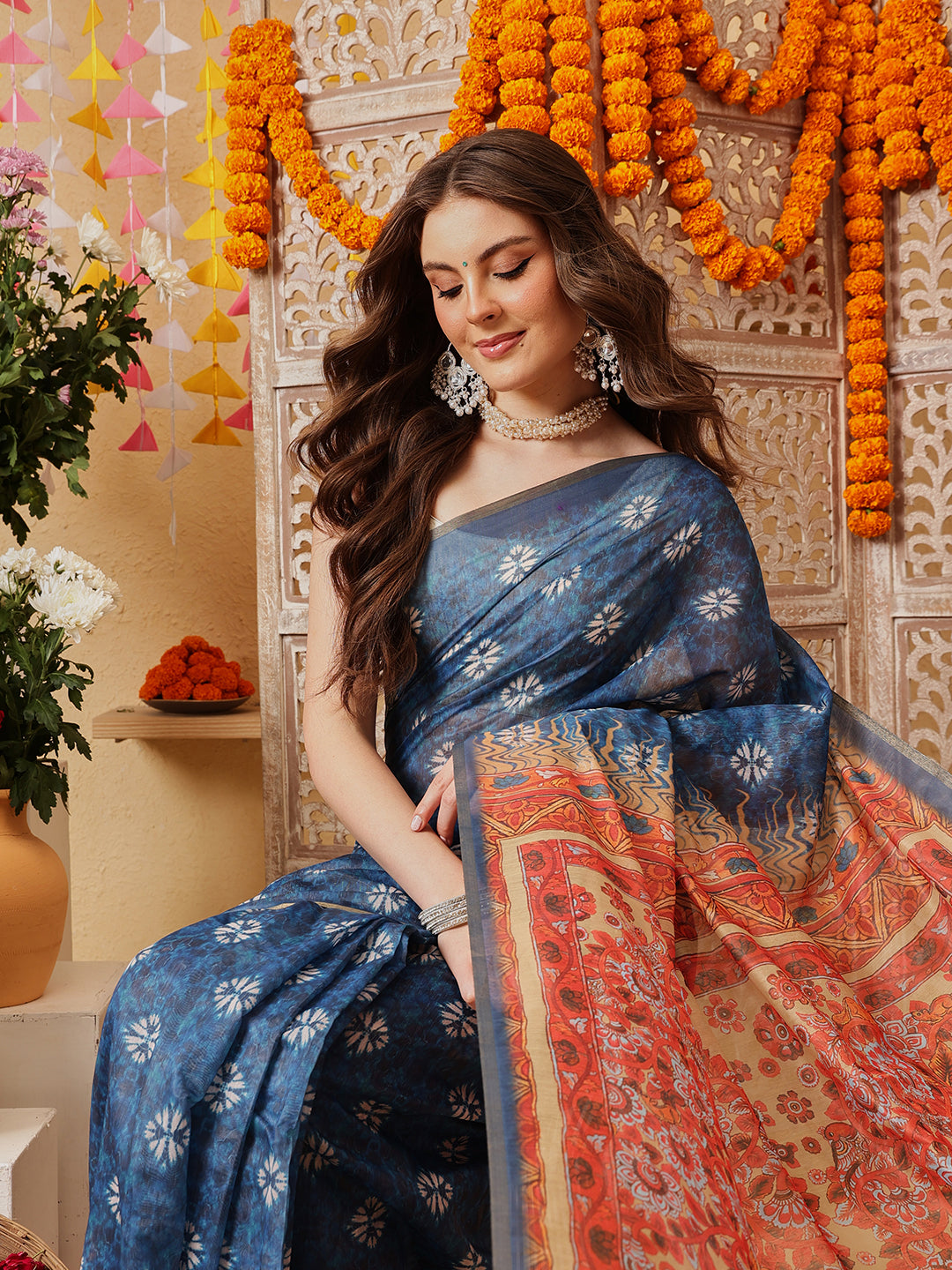 Indigo Printed Chanderi Ready to wear Saree