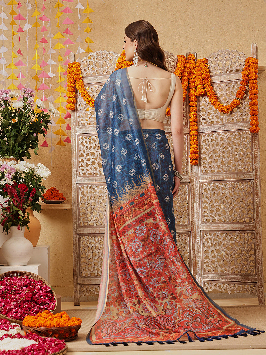 Indigo Printed Chanderi Ready to wear Saree