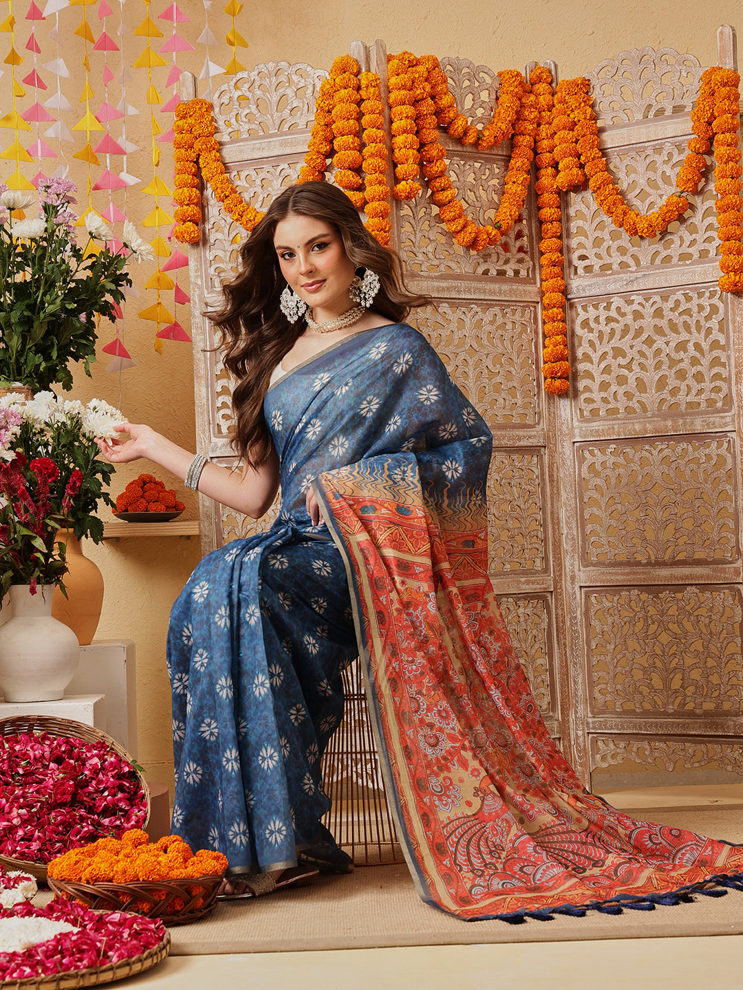 Indigo Printed Chanderi Ready to wear Saree