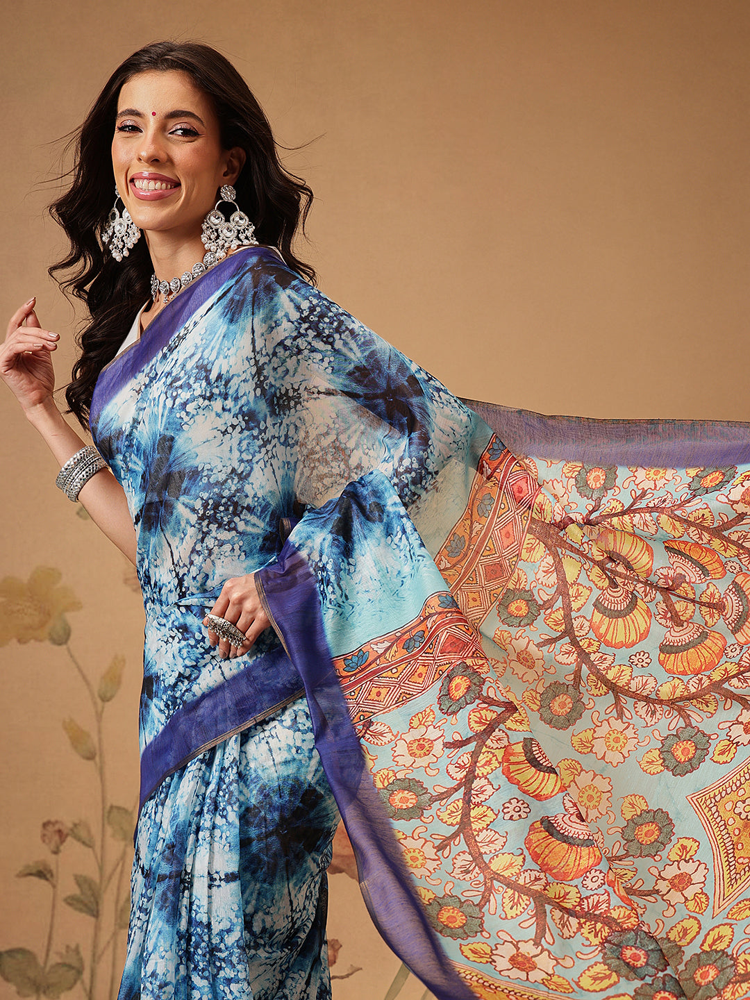 Indigo Prints With Kalamkari Pallu Ready to Wear Saree