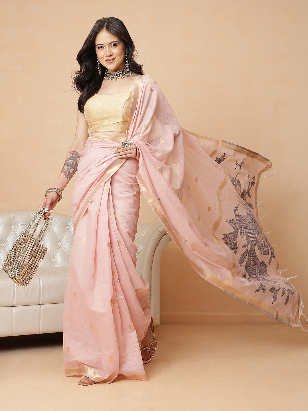 Light Peach Color Jamdani Ready to Wear Saree With Zari Border & Tassels