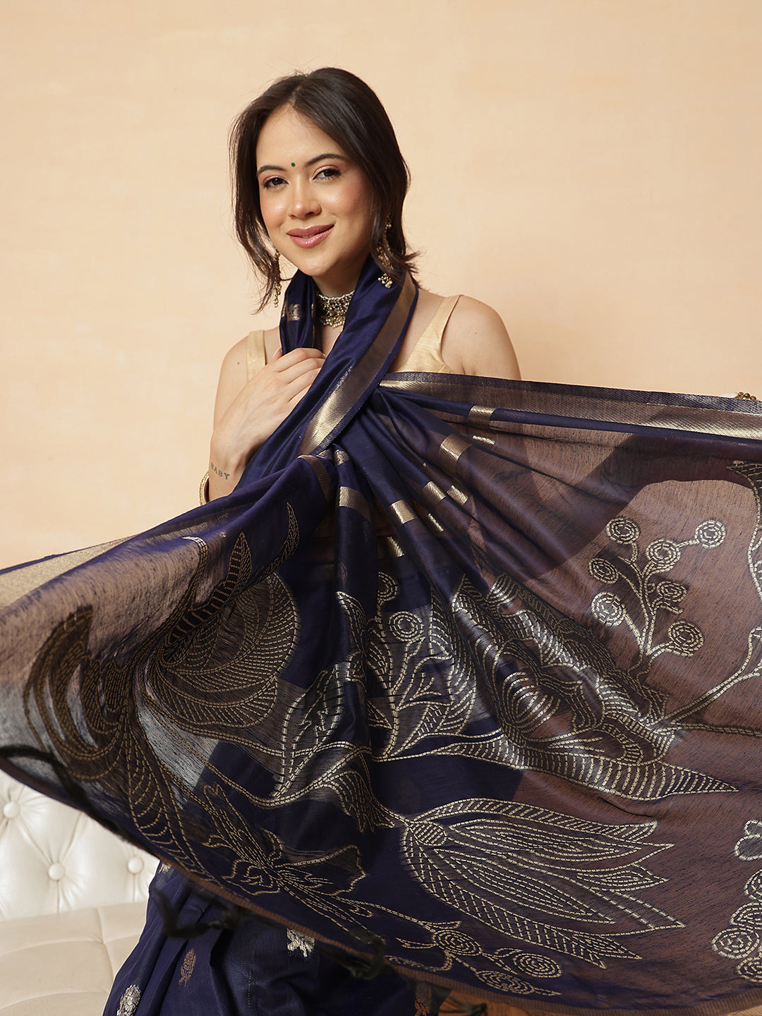 Royal Blue Floral Cotton Jamdani Ready to Wear Saree
