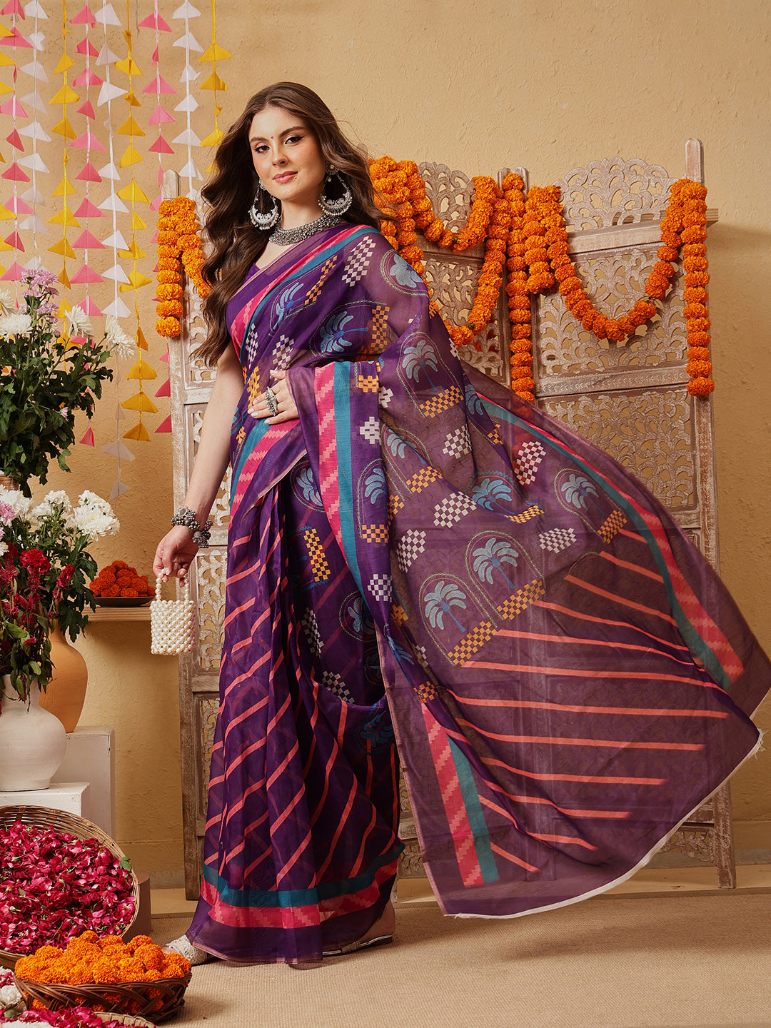 Chanderi Cotton Blend Digital Printed Ready to Wear Saree With Pocket