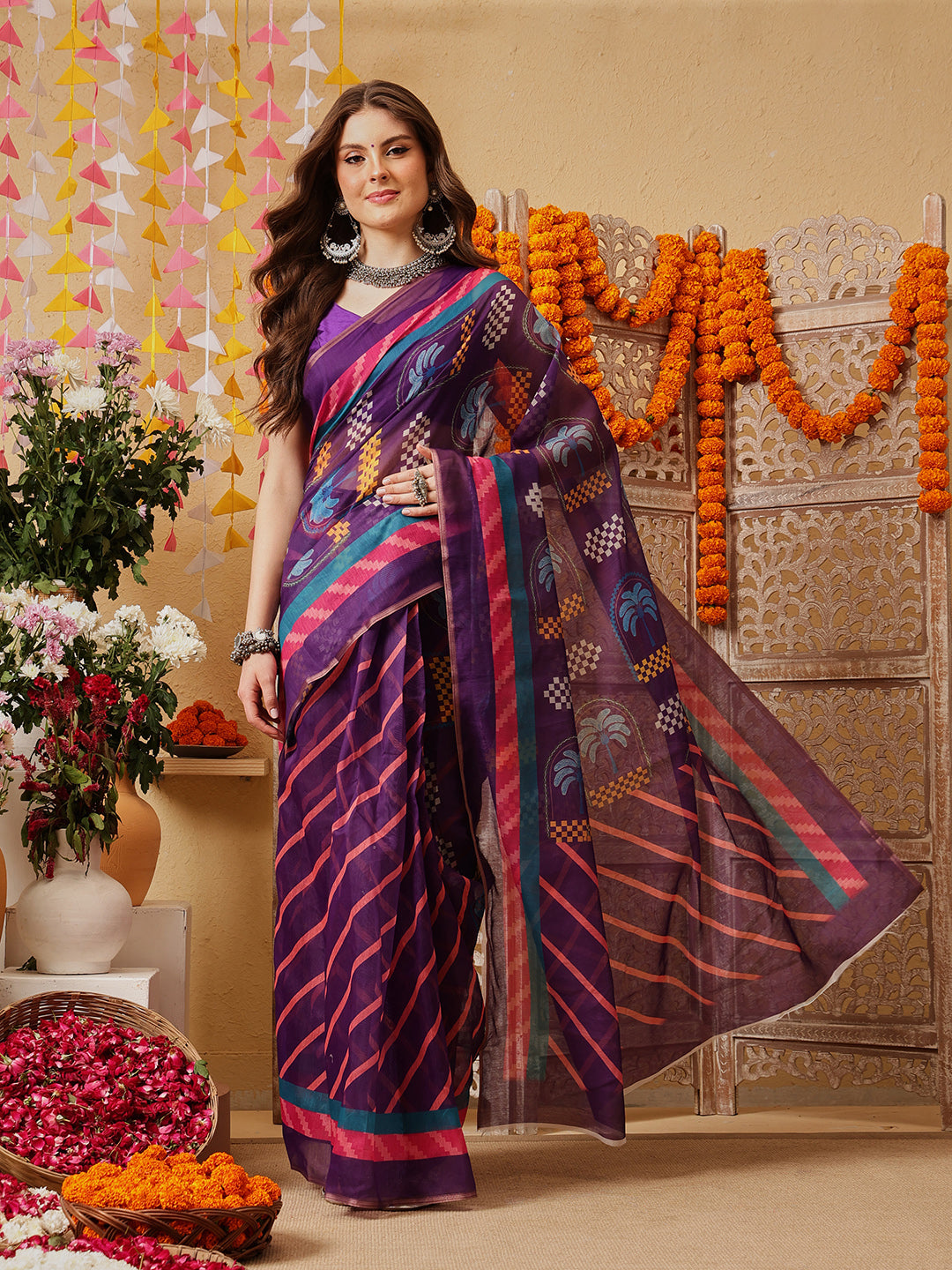 Chanderi Cotton Blend Digital Printed Ready to Wear Saree With Pocket