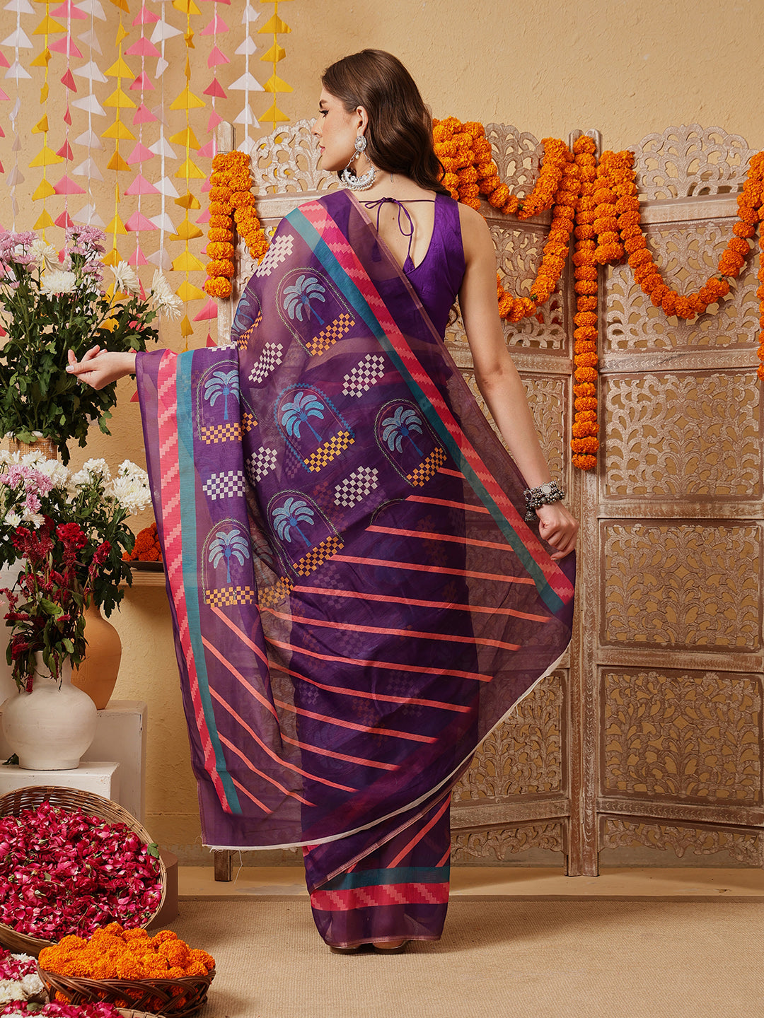 Chanderi Cotton Blend Digital Printed Ready to Wear Saree With Pocket