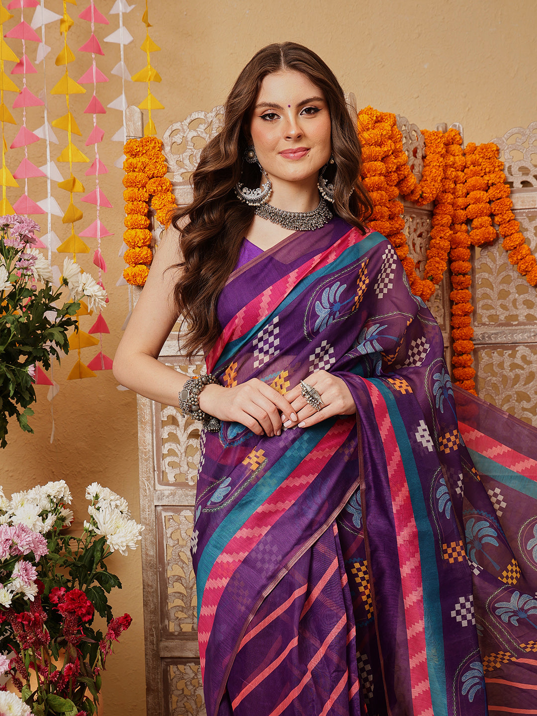 Chanderi Cotton Blend Digital Printed Ready to Wear Saree With Pocket