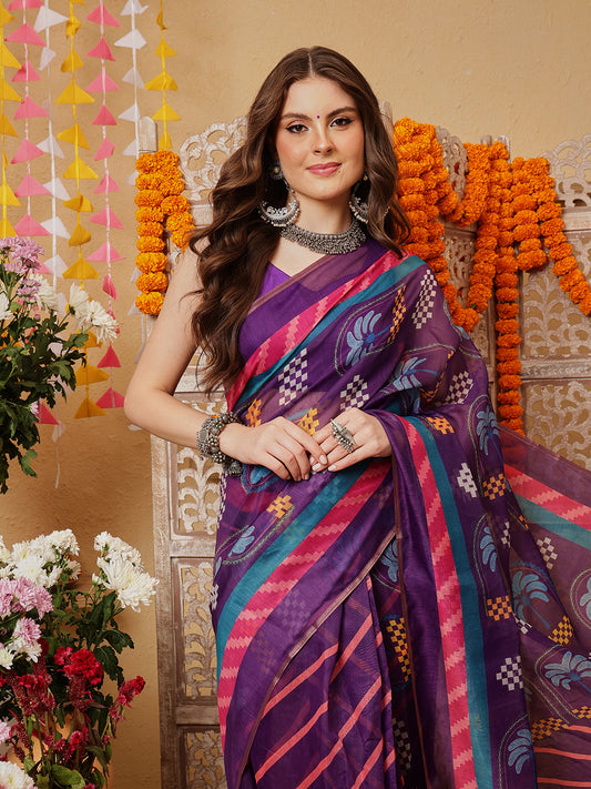 Chanderi Cotton Blend Digital Printed Ready to Wear Saree With Pocket
