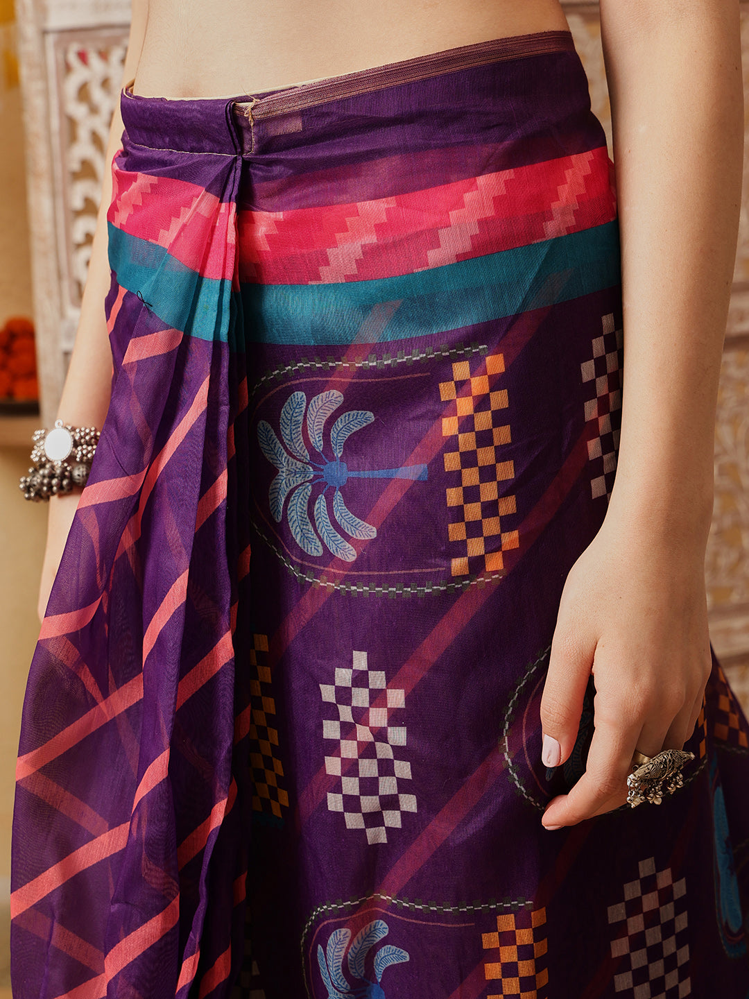 Chanderi Cotton Blend Digital Printed Ready to Wear Saree With Pocket