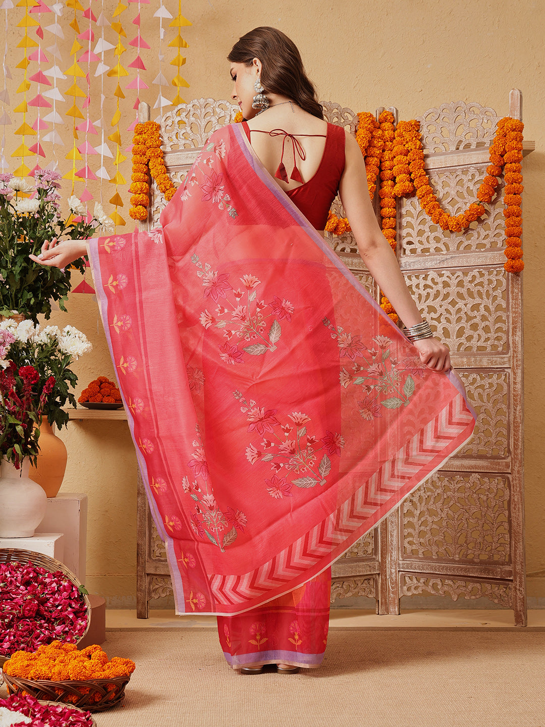 Chanderi Cotton Blend Digital Printed Ready to Wear Saree With Pocket