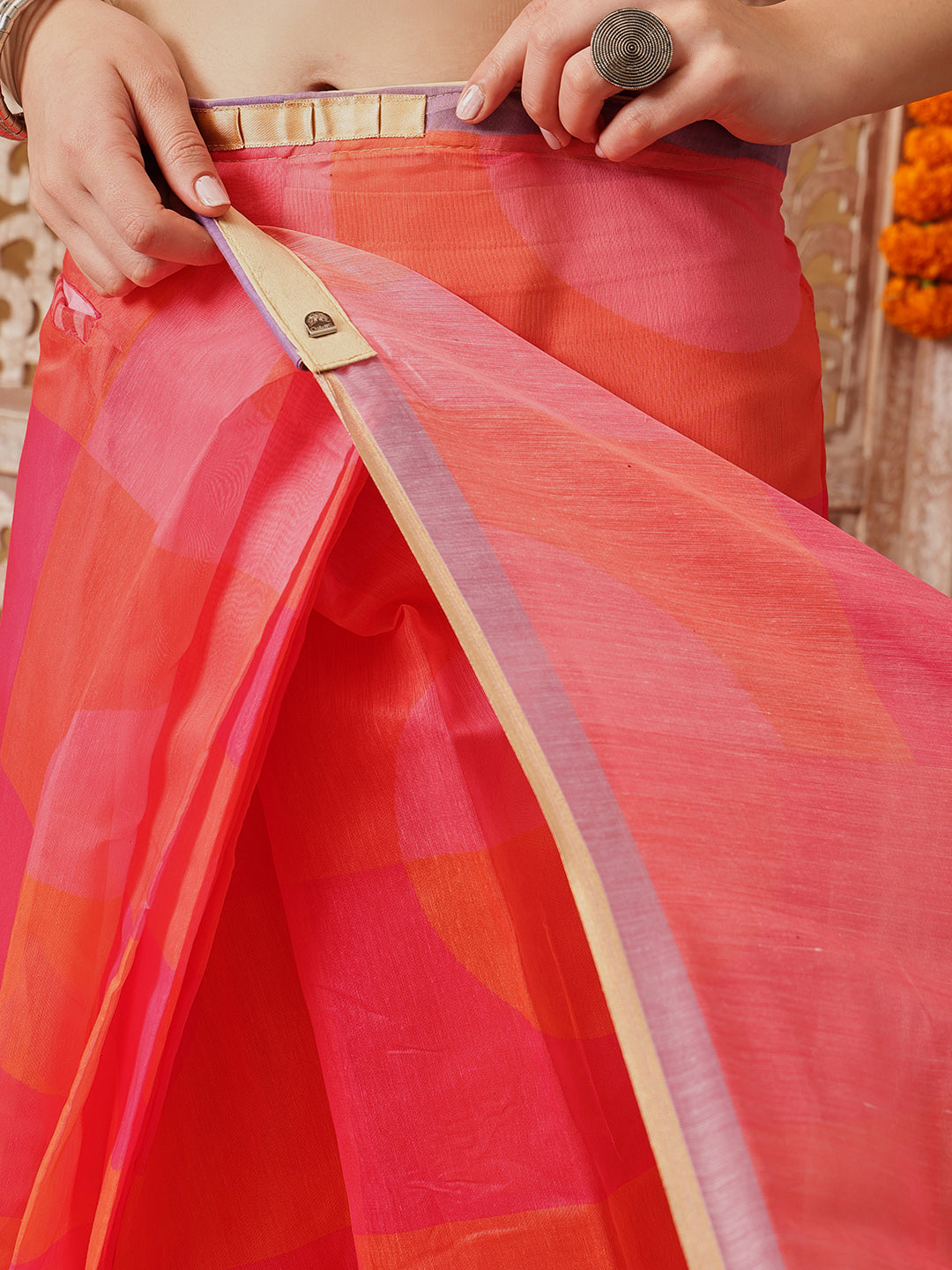 Chanderi Cotton Blend Digital Printed Ready to Wear Saree With Pocket