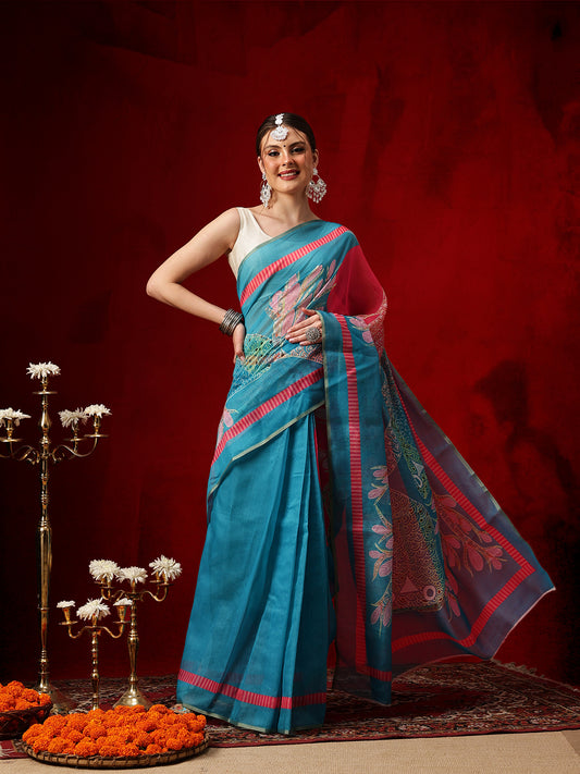 Chanderi Cotton Blend Digital Printed Ready to Wear Saree With Pocket