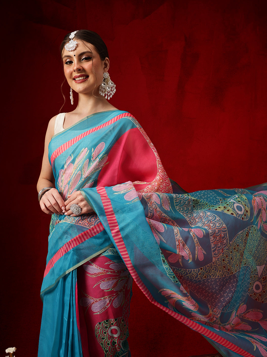 Chanderi Cotton Blend Digital Printed Ready to Wear Saree With Pocket