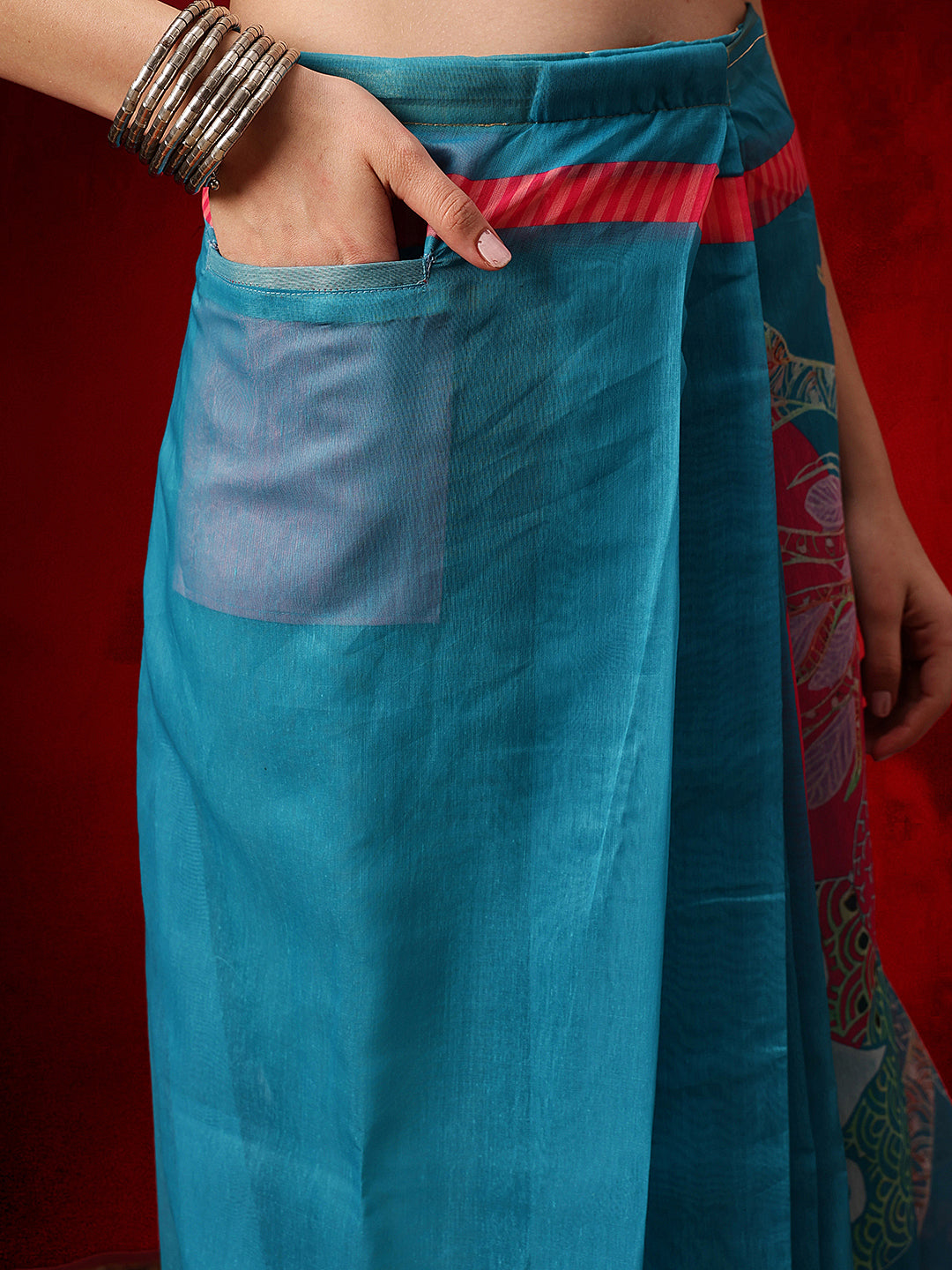 Chanderi Cotton Blend Digital Printed Ready to Wear Saree With Pocket