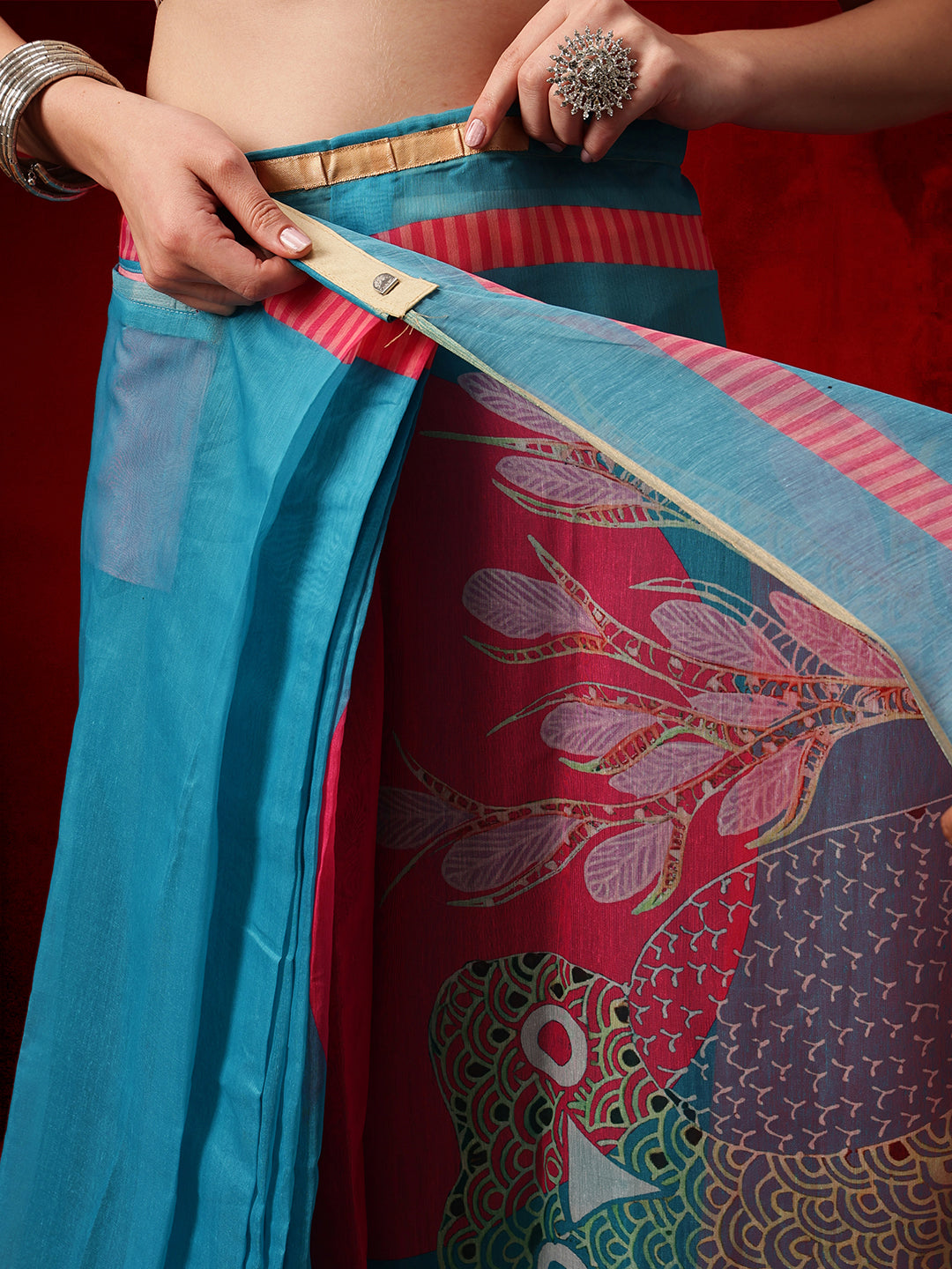 Chanderi Cotton Blend Digital Printed Ready to Wear Saree With Pocket