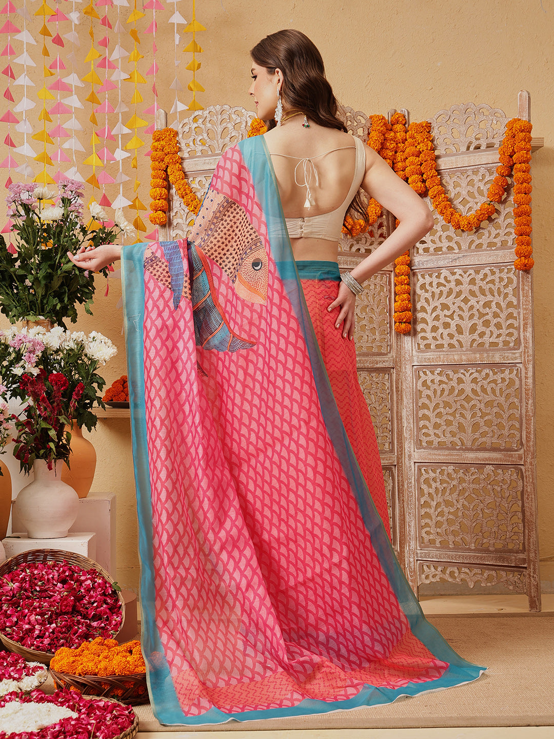 Chanderi Cotton Blend Digital Printed Ready to Wear Saree With Pocket