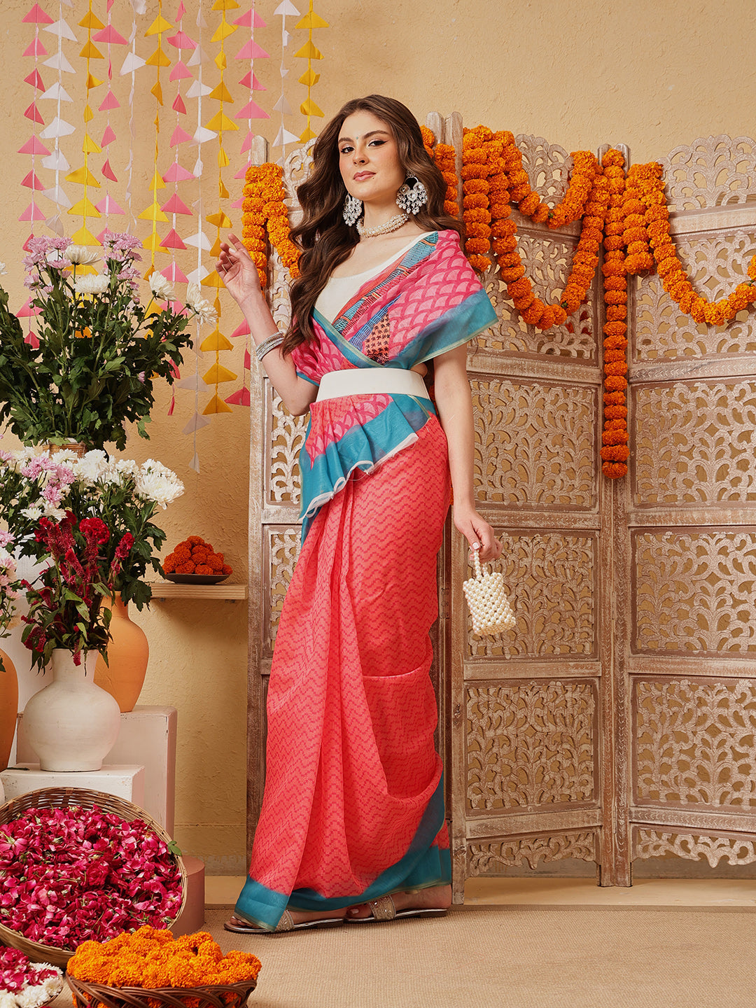 Chanderi Cotton Blend Digital Printed Ready to Wear Saree With Pocket