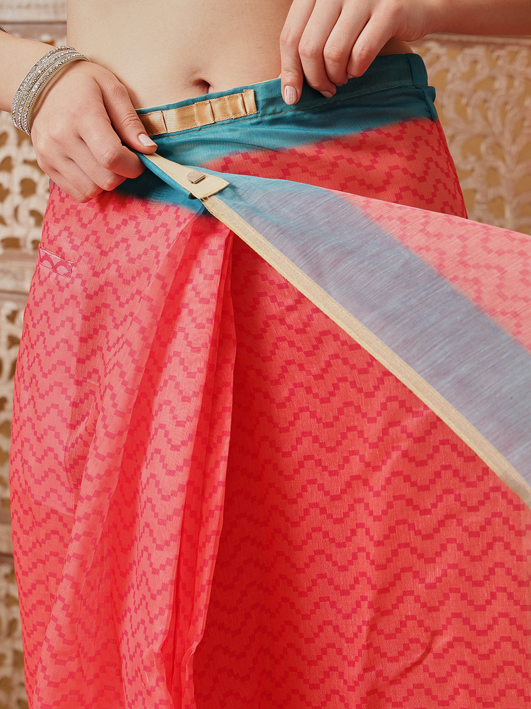 Chanderi Cotton Blend Digital Printed Ready to Wear Saree With Pocket