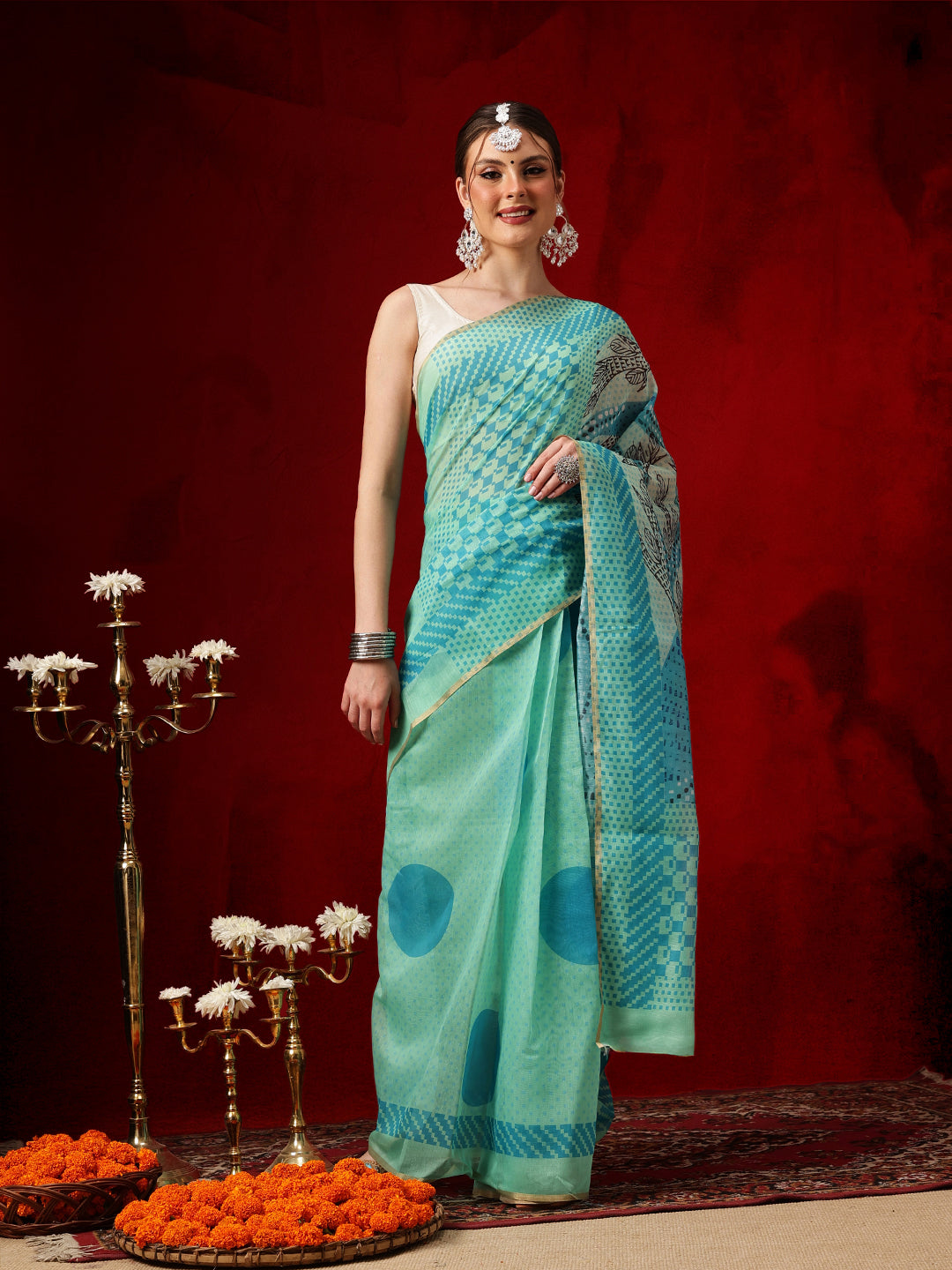 Chanderi Cotton Blend Digital Printed Ready To Wear Saree