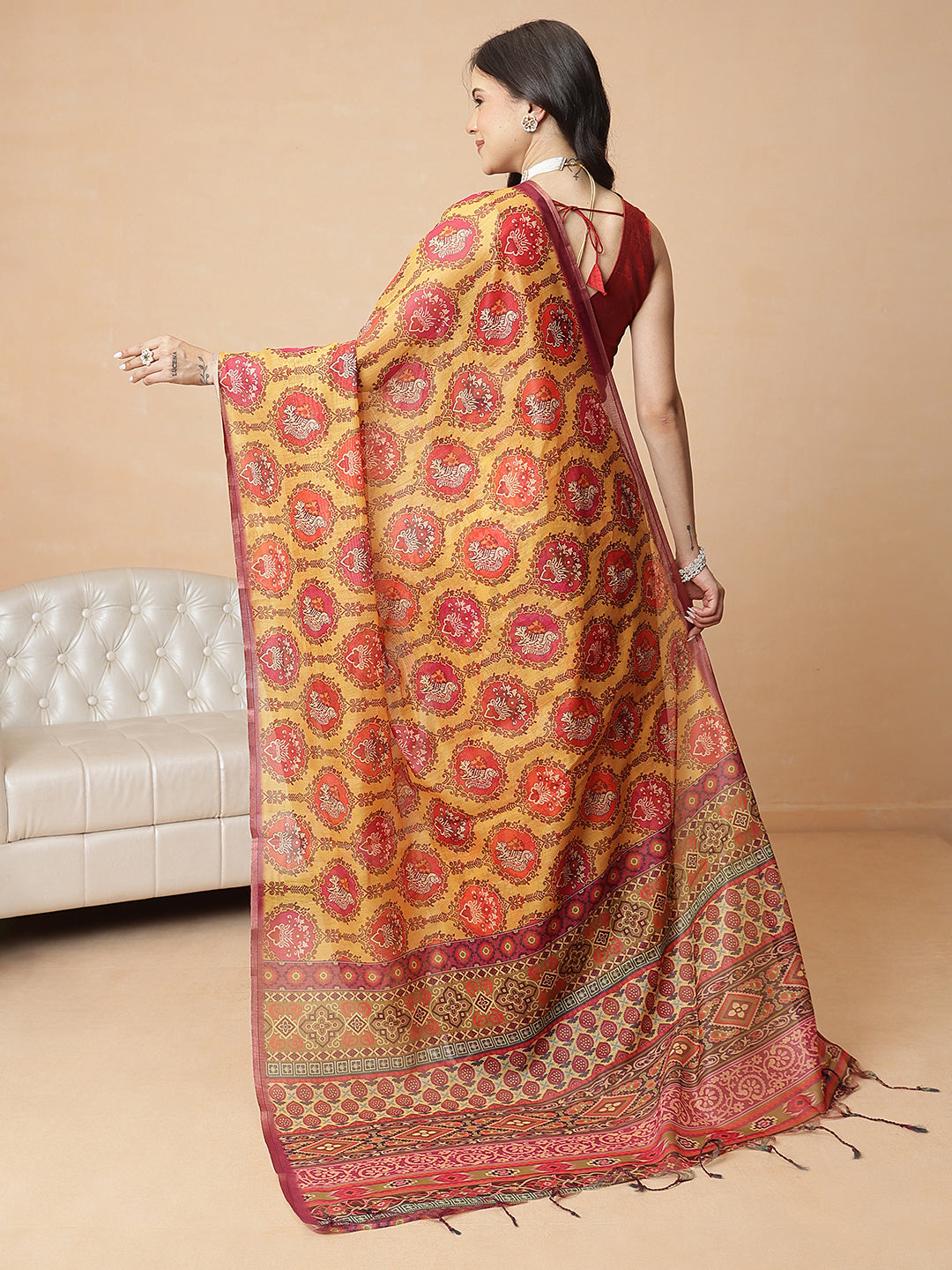 Yellow Paisley Printed Ready to Wear Saree with Ethnic Pallu Design