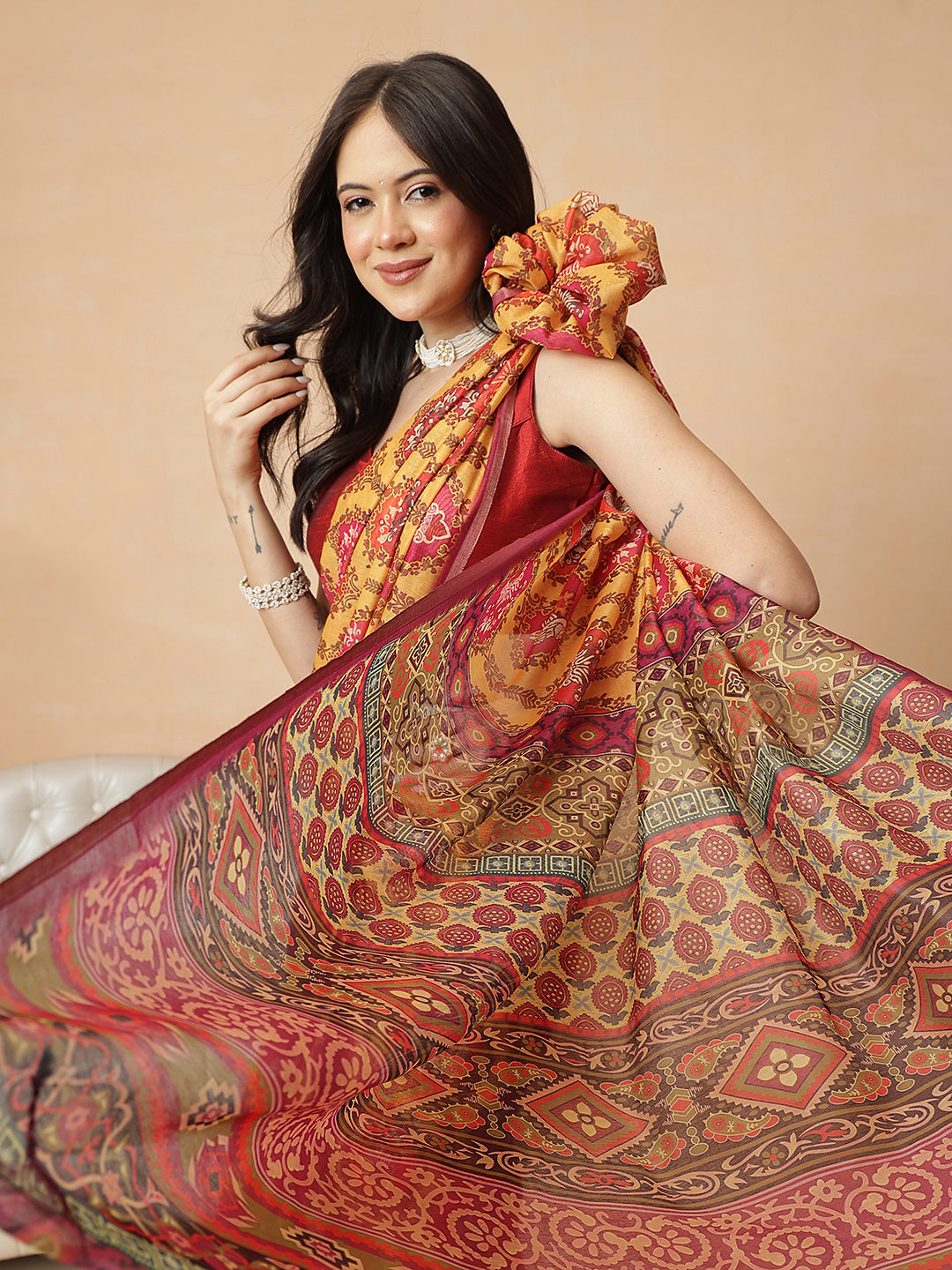 Yellow Paisley Printed Ready to Wear Saree with Ethnic Pallu Design