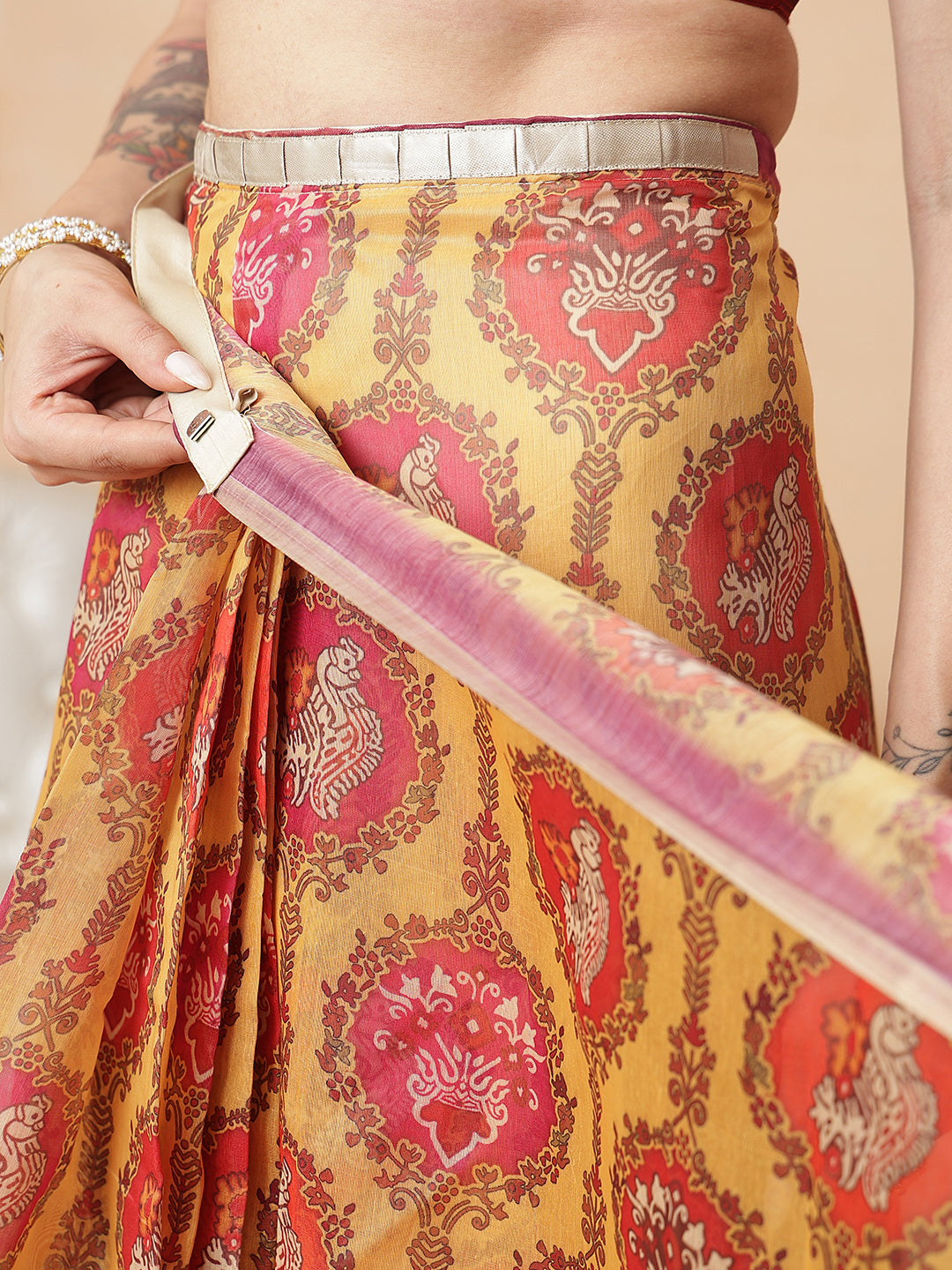 Yellow Paisley Printed Ready to Wear Saree with Ethnic Pallu Design