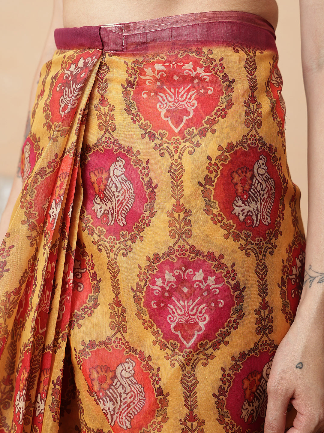 Yellow Paisley Printed Ready to Wear Saree with Ethnic Pallu Design