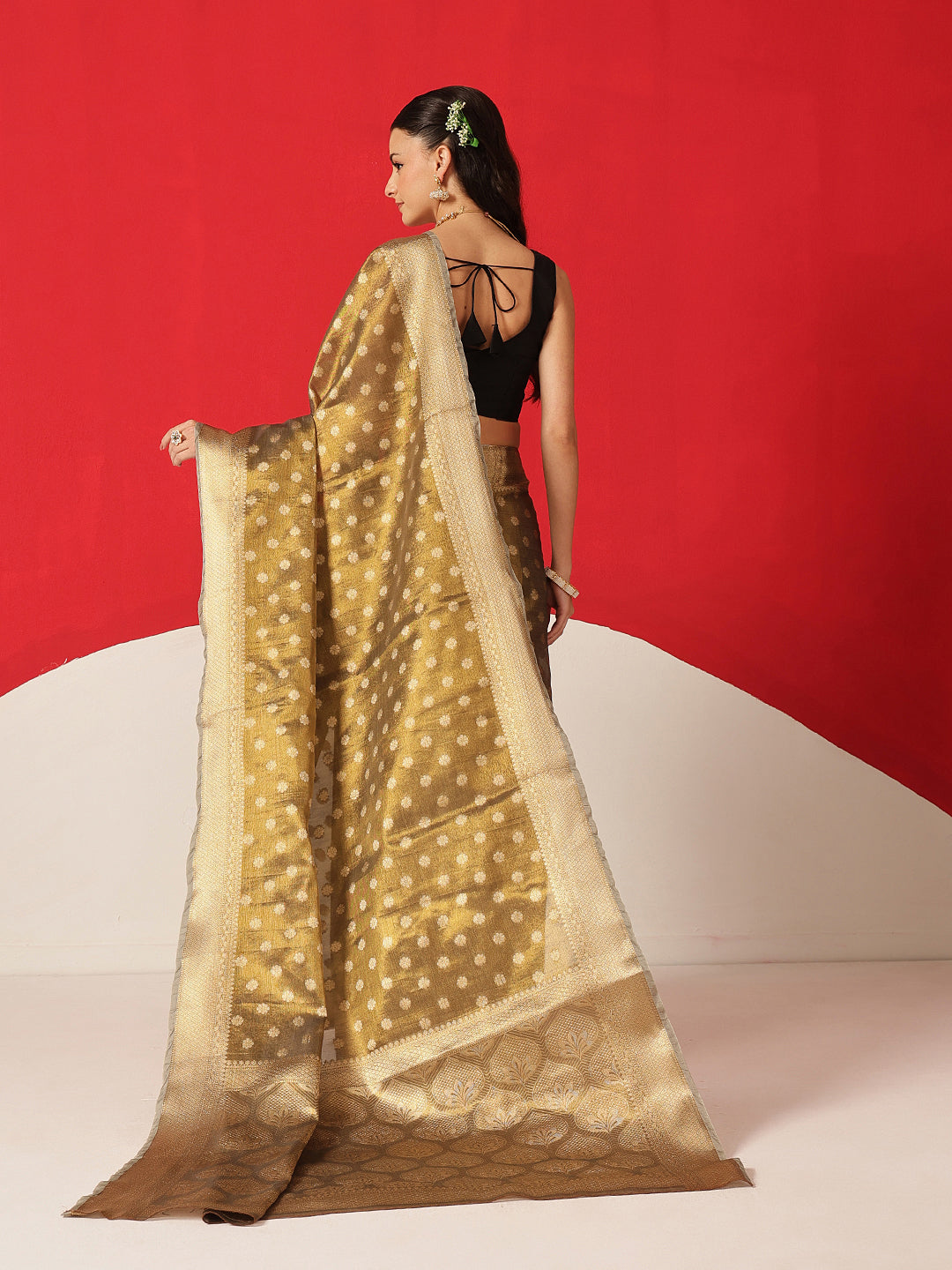 Semi Kanjivaram Tissue Silk Gold Zari Woven Ready to Wear Saree