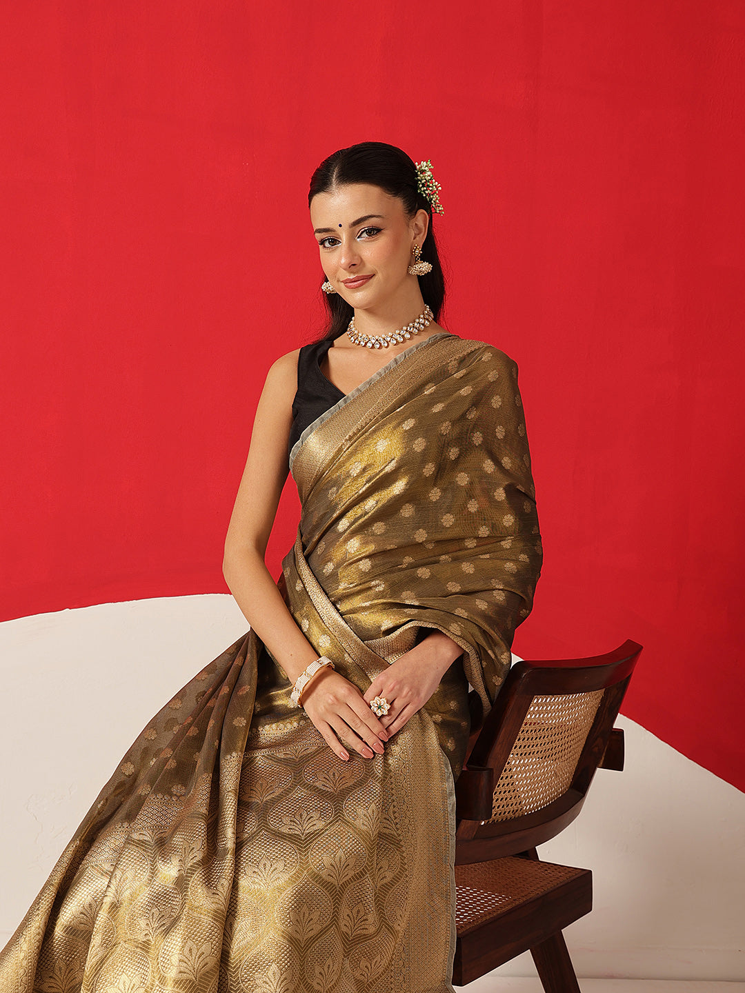 Semi Kanjivaram Tissue Silk Gold Zari Woven Ready to Wear Saree