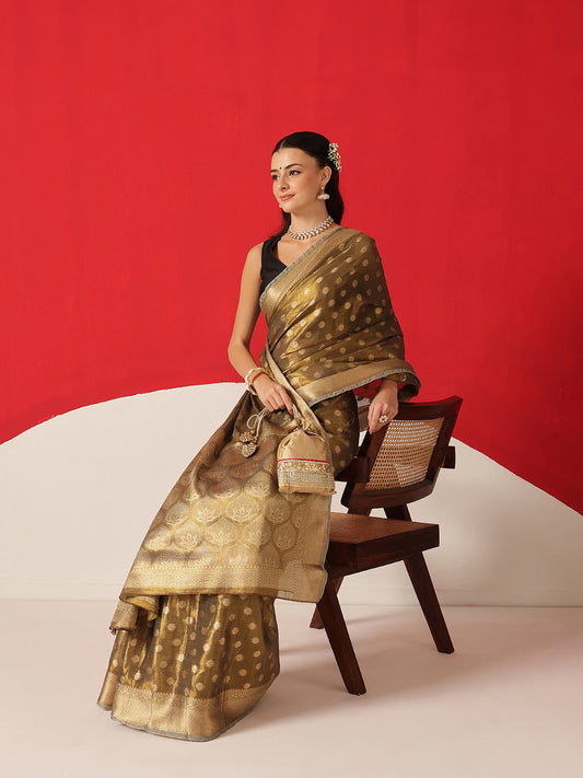 Semi Kanjivaram Tissue Silk Gold Zari Woven Ready to Wear Saree