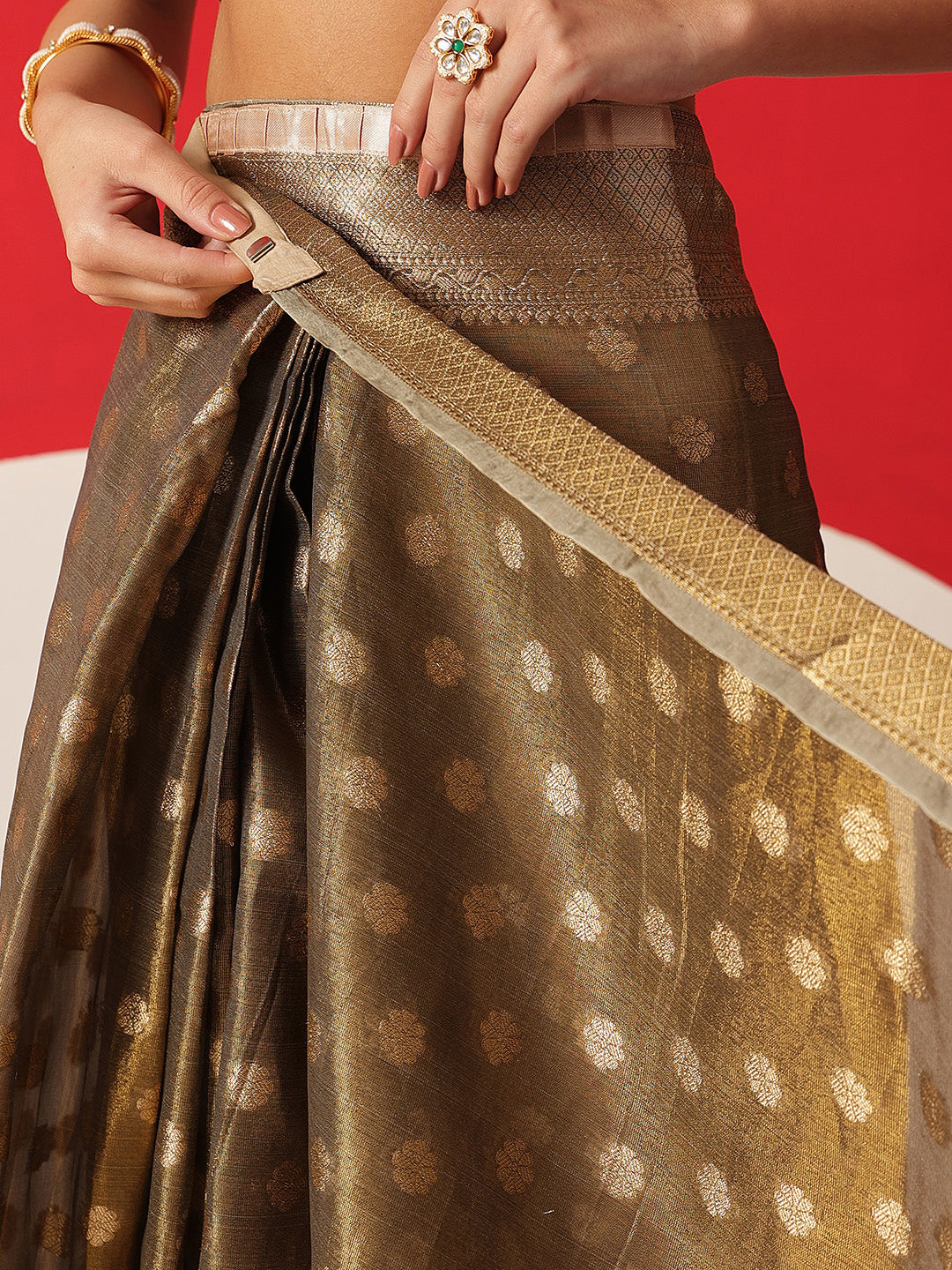 Semi Kanjivaram Tissue Silk Gold Zari Woven Ready to Wear Saree