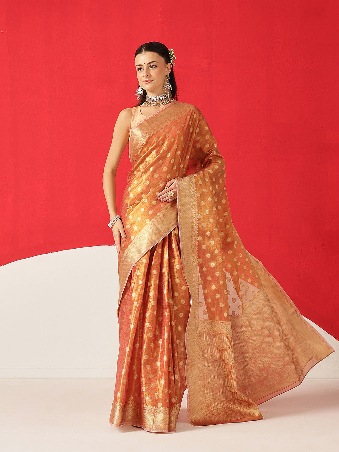 Semi Kanjivaram Tissue Silk Gold Zari Woven Ready to Wear Saree
