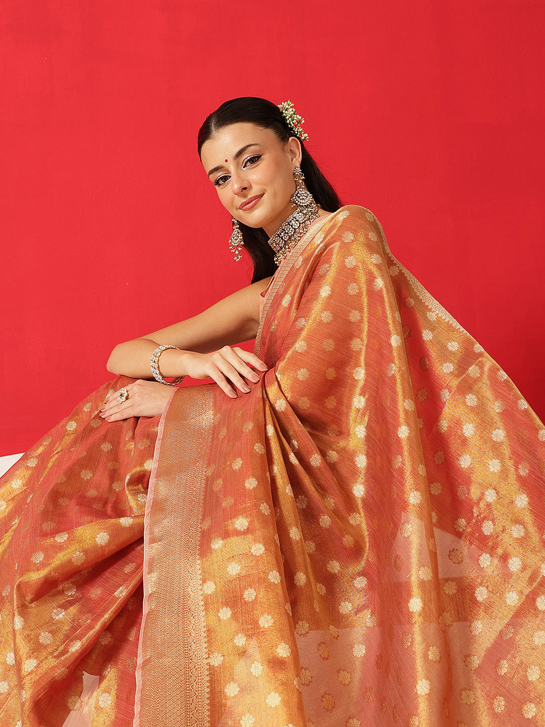 Semi Kanjivaram Tissue Silk Gold Zari Woven Ready to Wear Saree