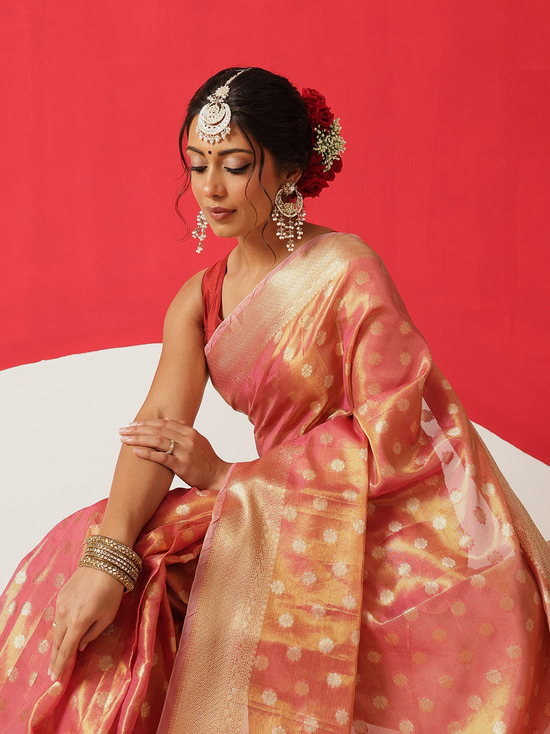Semi Kanjivaram Tissue Silk Gold Zari Woven Ready to Wear Saree